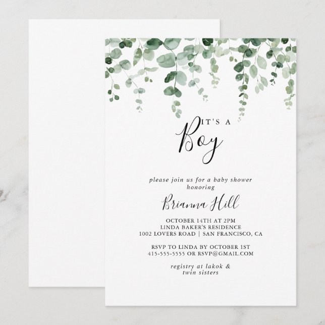 Minimalist Eucalyptus It's A Boy Baby Shower  Invitation (Front/Back)