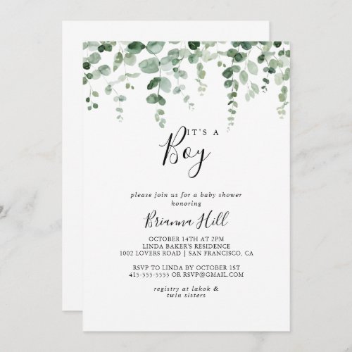 Minimalist Eucalyptus Its A Boy Baby Shower  Invitation