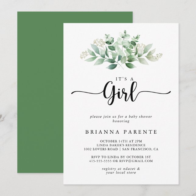 Minimalist Eucalyptus it's A Girl Baby Shower  Invitation (Front/Back)