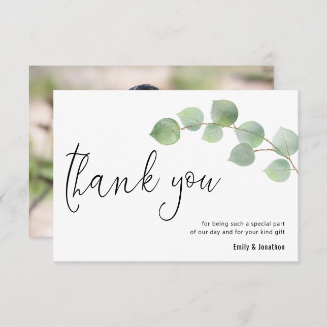 Minimalist Eucalyptus Leaf Script Photo Wedding Thank You Card (Front/Back)