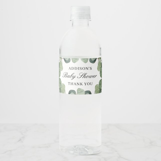 Minimalist Eucalyptus Leaves Baby Shower Favor Water Bottle Label (Front)