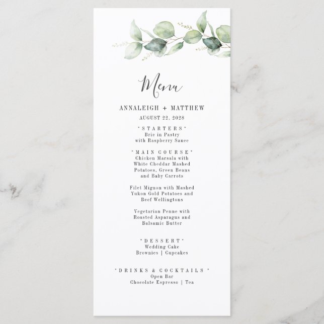 Minimalist Eucalyptus Leaves Elegant Wedding  Menu (Front)