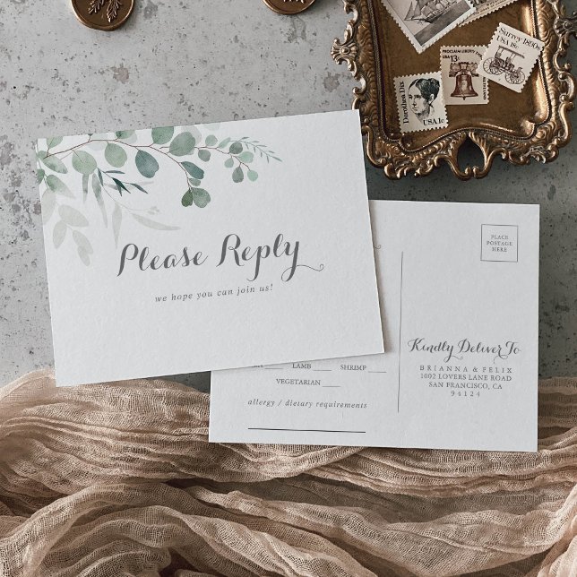 Minimalist Eucalyptus Menu Choice RSVP Postcard (Creator Uploaded)