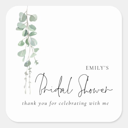 Minimalist Eucalyptus Name Bridal Shower Thank you Square Sticker