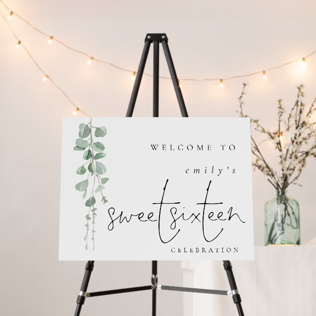 Minimalist Eucalyptus Name Welcome Sweet Sixteen Foam Board (In Situ (Stand))