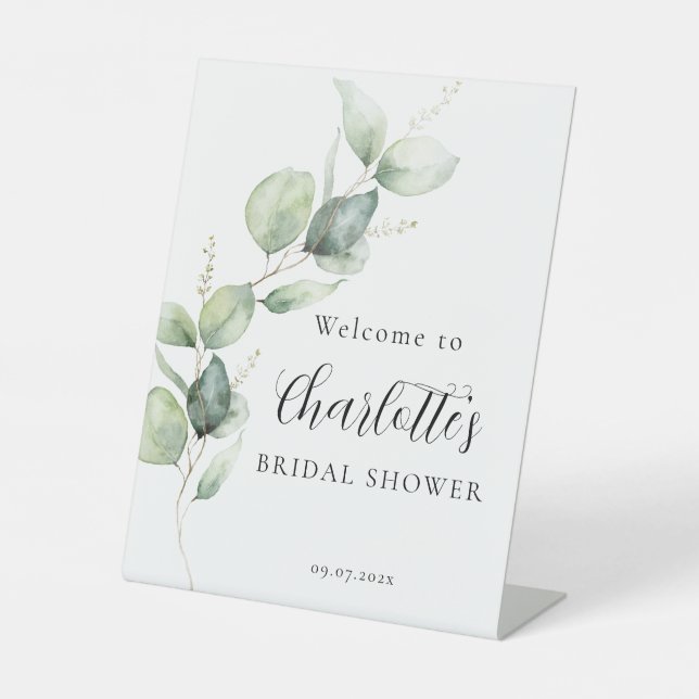 Minimalist Eucalyptus Script Bridal Shower Pedestal Sign
