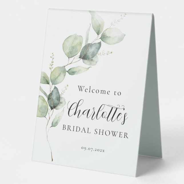 Minimalist Eucalyptus Script Bridal Shower Table Tent (Front)