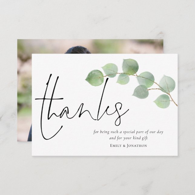 Minimalist Eucalyptus Script Photo Wedding Thank You Card (Front/Back)