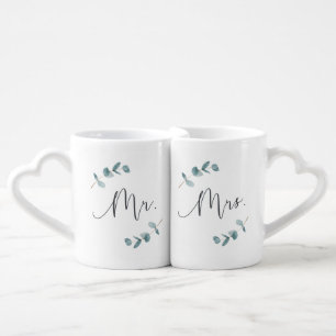 Minimalist Eucalyptus Script Wreath Mr. and Mrs. Coffee Mug Set