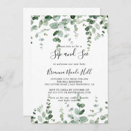 Minimalist Eucalyptus Sip and See Invitation