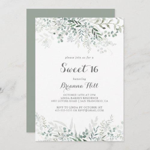 Minimalist Eucalyptus Sweet 16 Birthday Party Invitation