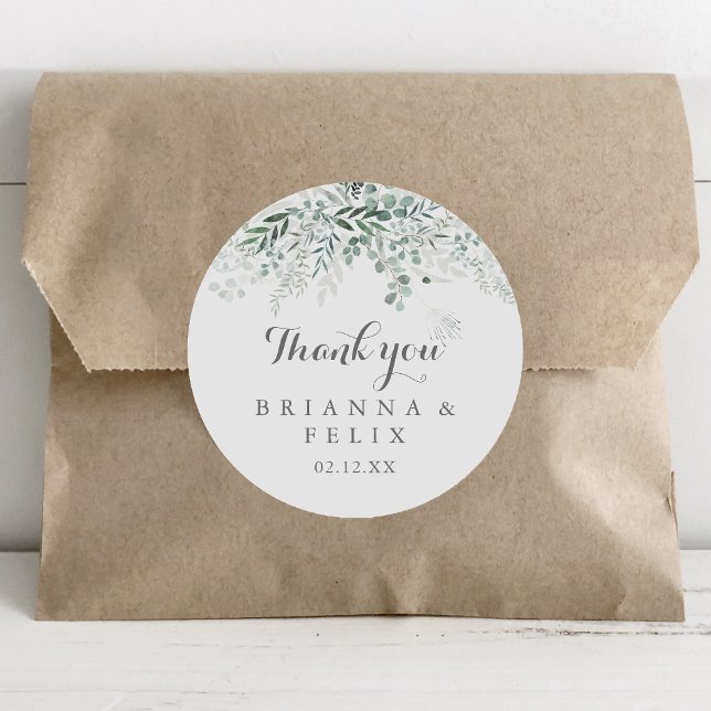 Minimalist Eucalyptus Thank You Wedding Favor Classic Round Sticker (Creator Uploaded)