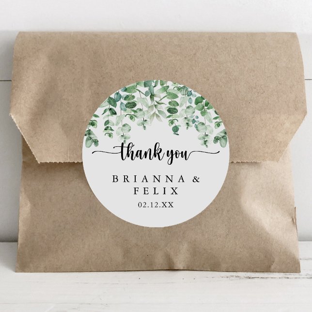 Minimalist Eucalyptus Thank You Wedding Favor   Classic Round Sticker (Creator Uploaded)
