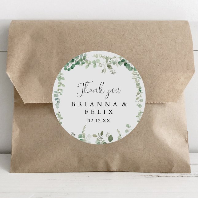 Minimalist Eucalyptus Thank You Wedding Favor Classic Round Sticker (Creator Uploaded)