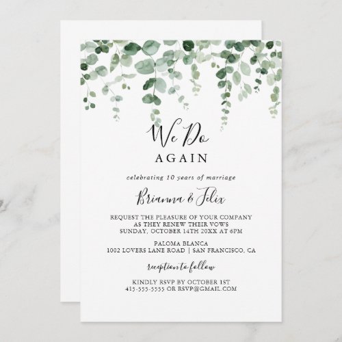 Minimalist Eucalyptus We Do Again Vow Renewal  Invitation