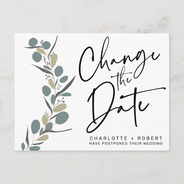 Minimalist eucalyptus wedding change the date announcement postcard (Front)
