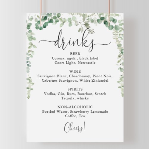 Minimalist Eucalyptus Wedding Drinks Menu Sign