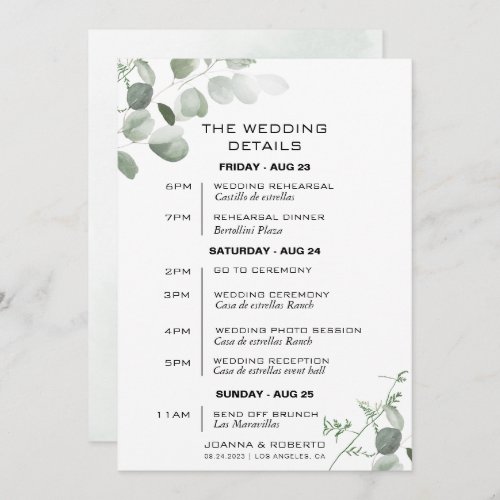 Minimalist Eucalyptus Wedding Itinerary Card