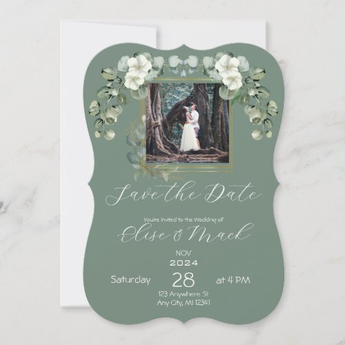 Minimalist Eucalyptus Wedding Photo Save the Date Invitation