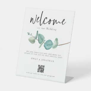 Minimalist Eucalyptus Welcome to Wedding QR Code Pedestal Sign