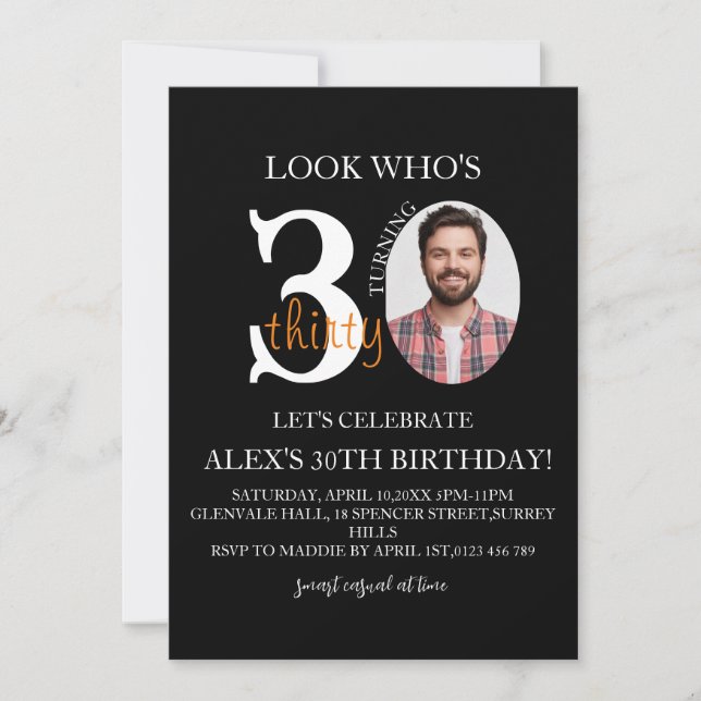 Minimalist evite Birthday 30th, Men Digital 30th  Invitation (Front)