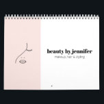 Minimalist Face Beauty Logo Makeup Artist Pink Calendar<br><div class="desc">This customizable calendar design features a hand-drawn, minimalistic illustration of a woman's face set on pastel pink and juxtaposed with a white color-blocked area holding your name or business name and title. Update the stock photos within each month with your own beauty creations, images of your amazing work, or photos...</div>