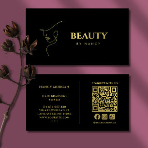 Minimalist Face Beauty Qr Code Black And Gold Business Card