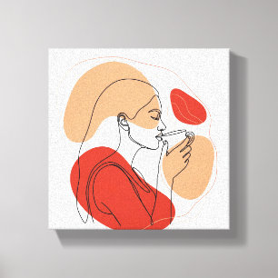 Minimalist Face Line Art with Coffee – Modern Acry Canvas Print