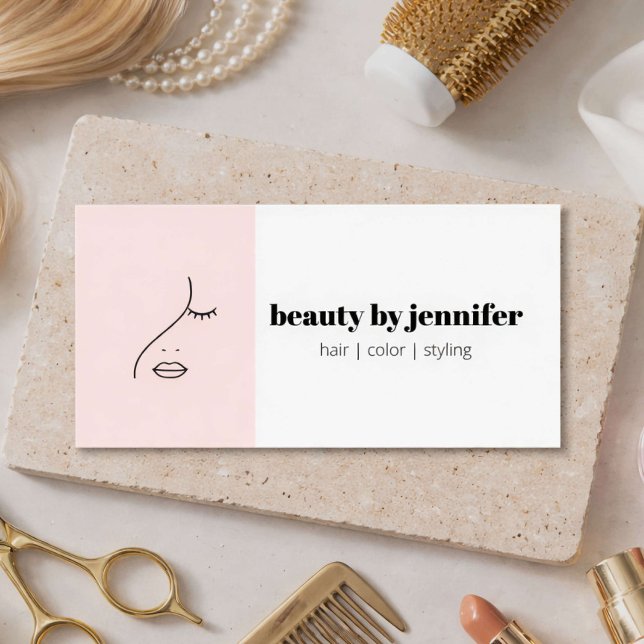 Minimalist Face Logo Hair Stylist Blush Pink Business Card (Creator Uploaded)