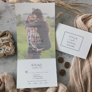 Minimalist Faded Photo Wedding Tri-Fold Invitation