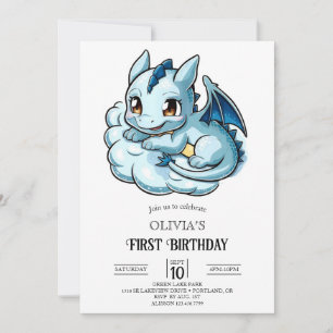 Minimalist Fairytale Digital Dragon 1st Birthday Invitation