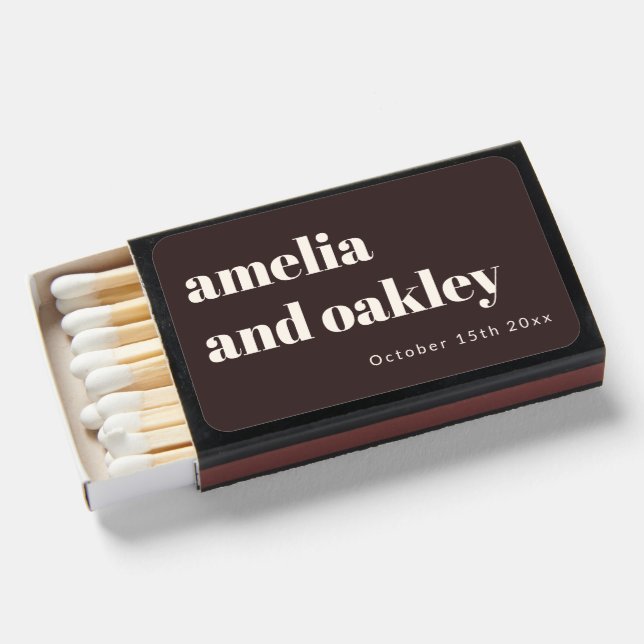 Minimalist Fall Brown Retro Custom Wedding Names Matchboxes (Front Open)