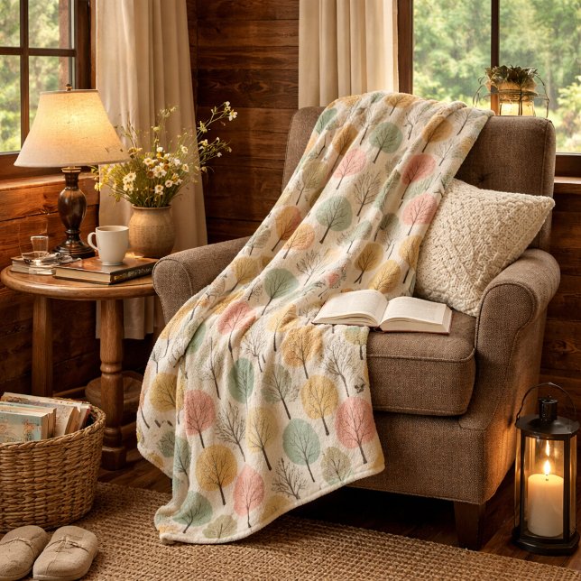 Minimalist Fall Tree Pattern Pastel Autumn Forest Sherpa Blanket (Creator Uploaded)