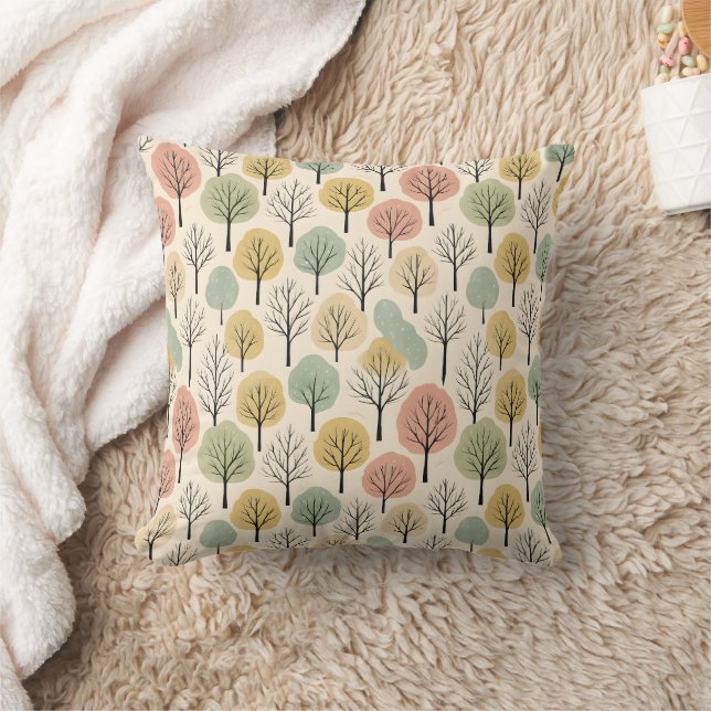 Minimalist Fall Tree Pattern Pastel Autumn Forest Throw Pillow (Blanket)