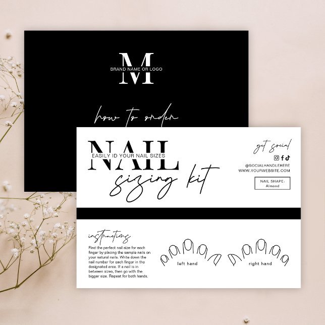 Minimalist False Nails Sizing Kit Display Card (Minimalist nails sizing kit display cards in black & white with your brand info and order details)
