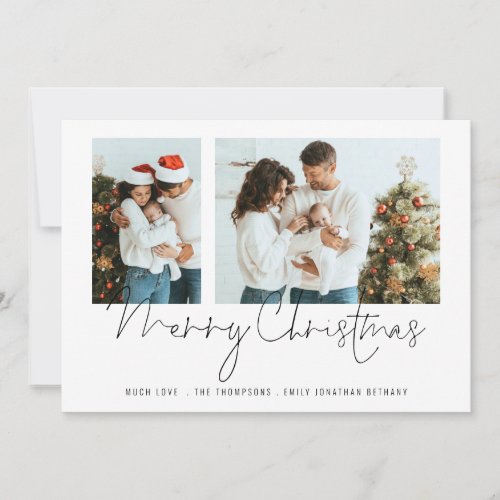 Minimalist Family  2 Photos Script Merry Christmas Holiday Card