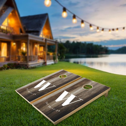 Minimalist Family Monogram Rustic Wood Cornhole Set