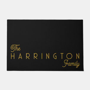 Minimalist Family Name Monogram Gold Black Doormat