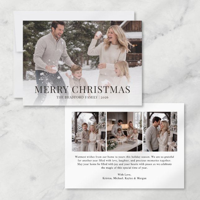 Minimalist Family Photo Collage Christmas Card (minimal merry christmas photo collage holiday card with family name, year and personal message)
