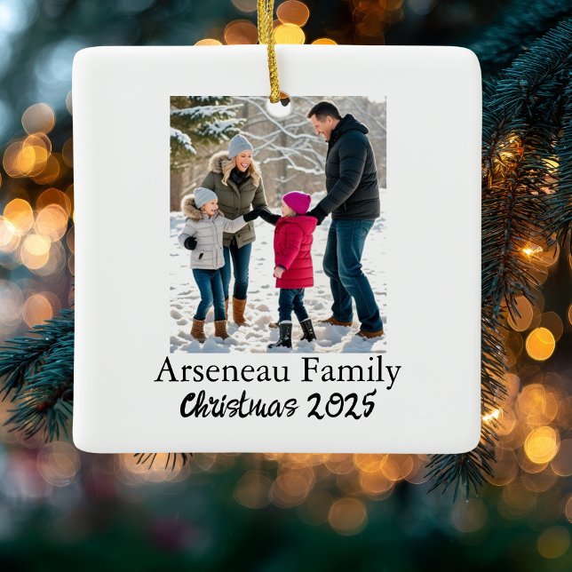Minimalist Family photo Personalize Ceramic Ornament (Minimalist Family Photo Ornaments.)