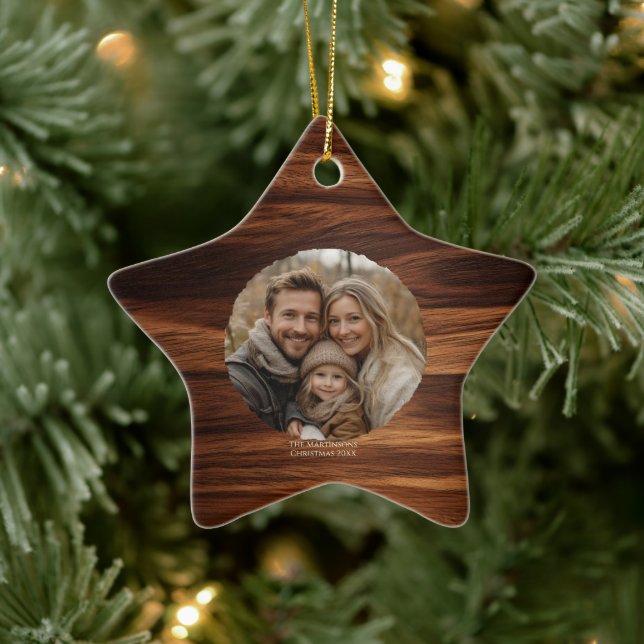 Minimalist Family Photo Personalized Woodgrain  Ceramic Ornament (Tree)