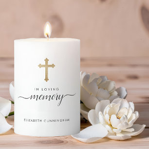 Minimalist Faux Gold Cross Memorial Funeral Pillar Candle