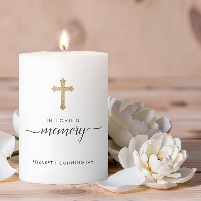 Minimalist Faux Gold Cross Memorial Funeral Pillar Candle (Creator Uploaded)