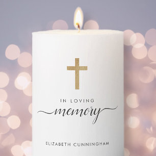 Minimalist Faux Gold Cross Memorial Funeral Pillar Candle