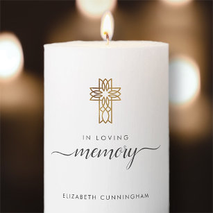 Minimalist Faux Gold Cross Memorial Funeral Pillar Candle
