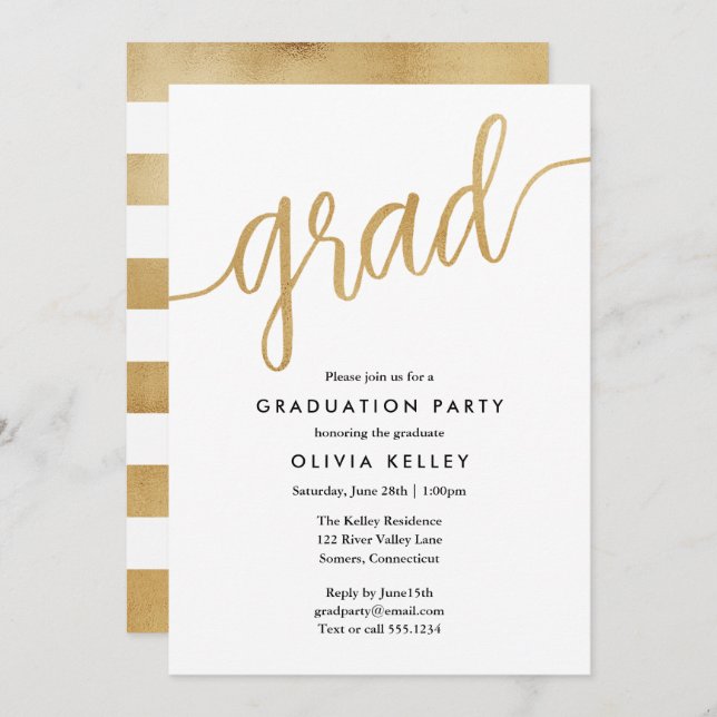 Minimalist Faux Gold Foil Script Graduation Party Invitation (Front/Back)