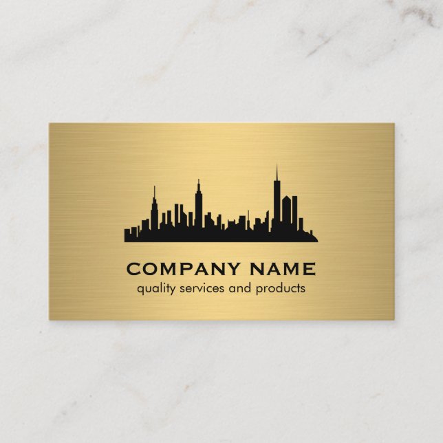Minimalist Faux Gold Metallic Skyline Business Card (Front)
