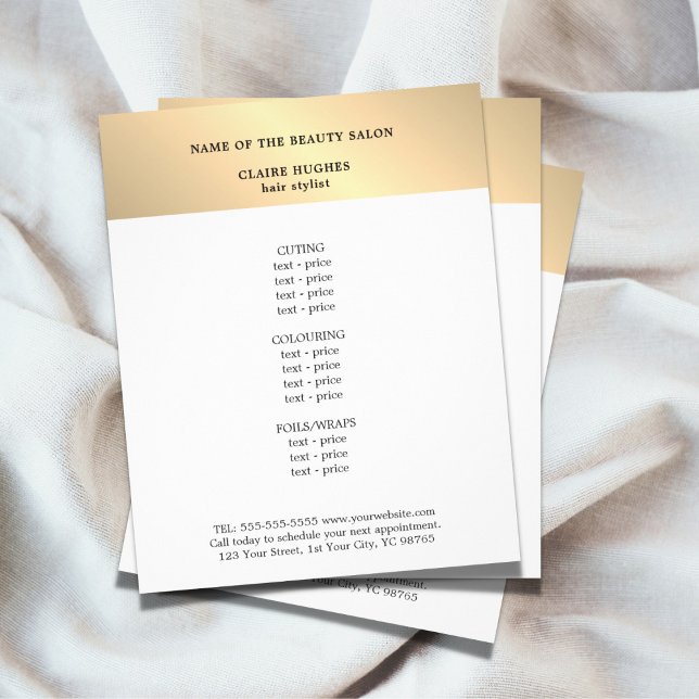 Minimalist Faux Gold White Beauty Salon Menu Flyer (Creator Uploaded)