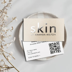 Minimalist Faux Kraft Beige Bold QR Code Skin Care Raised Spot UV Business Card