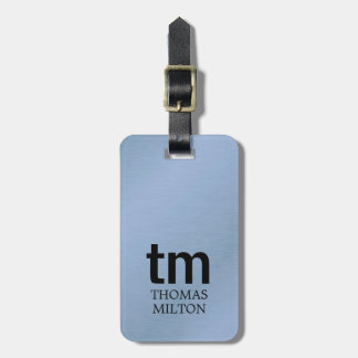 Minimalist Faux Metal Blue Black Bold Monogram QR Luggage Tag